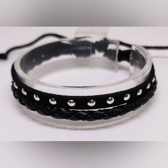 Men's bracelet leather layered black new e79 - Picture 1 of 1